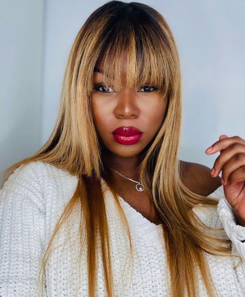 Shoulder Length Straight With Honey Blonde Highlights Shoulder Length Straight With Honey Blonde Highlights — Honey Blonde on Black Women