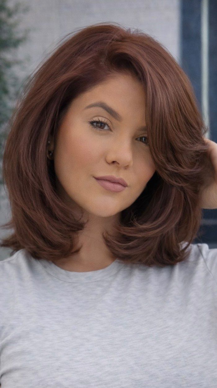Auburn Collarbone Lob With Volume Auburn Collarbone Lob With Volume — Hairstyles for Round Faces