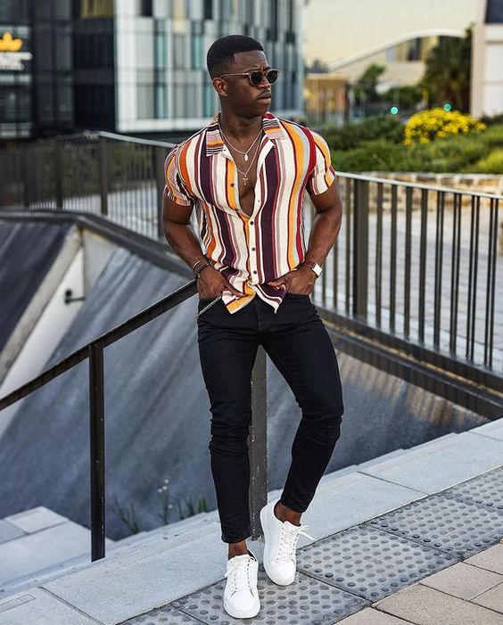 Vibrant Striped Shirt for a Casual Date Vibe Vibrant Striped Shirt for a Casual Date Vibe — Mens Date Night Outfits