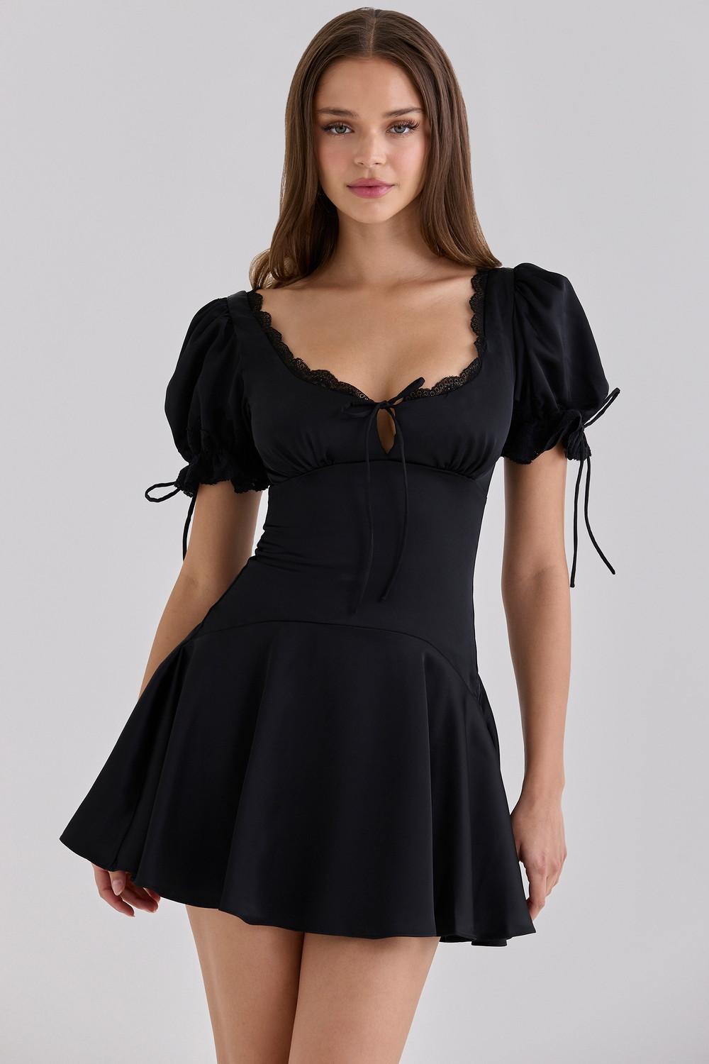 Black Satin Puff Sleeve Mini Dress with Lace Trim for Parties Black Satin Puff Sleeve Mini Dress with Lace Trim for Parties — Puff Sleeve Dresses
