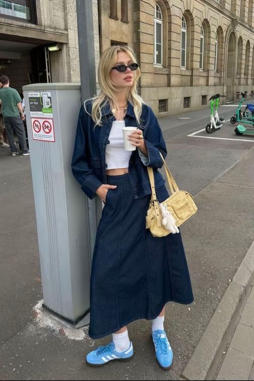 Denim on Denim: Light Blue Adidas Spezial with Midi Skirt and Jacket Denim on Denim: Light Blue Adidas Spezial with Midi Skirt and Jacket — Adidas Spezial Outfits