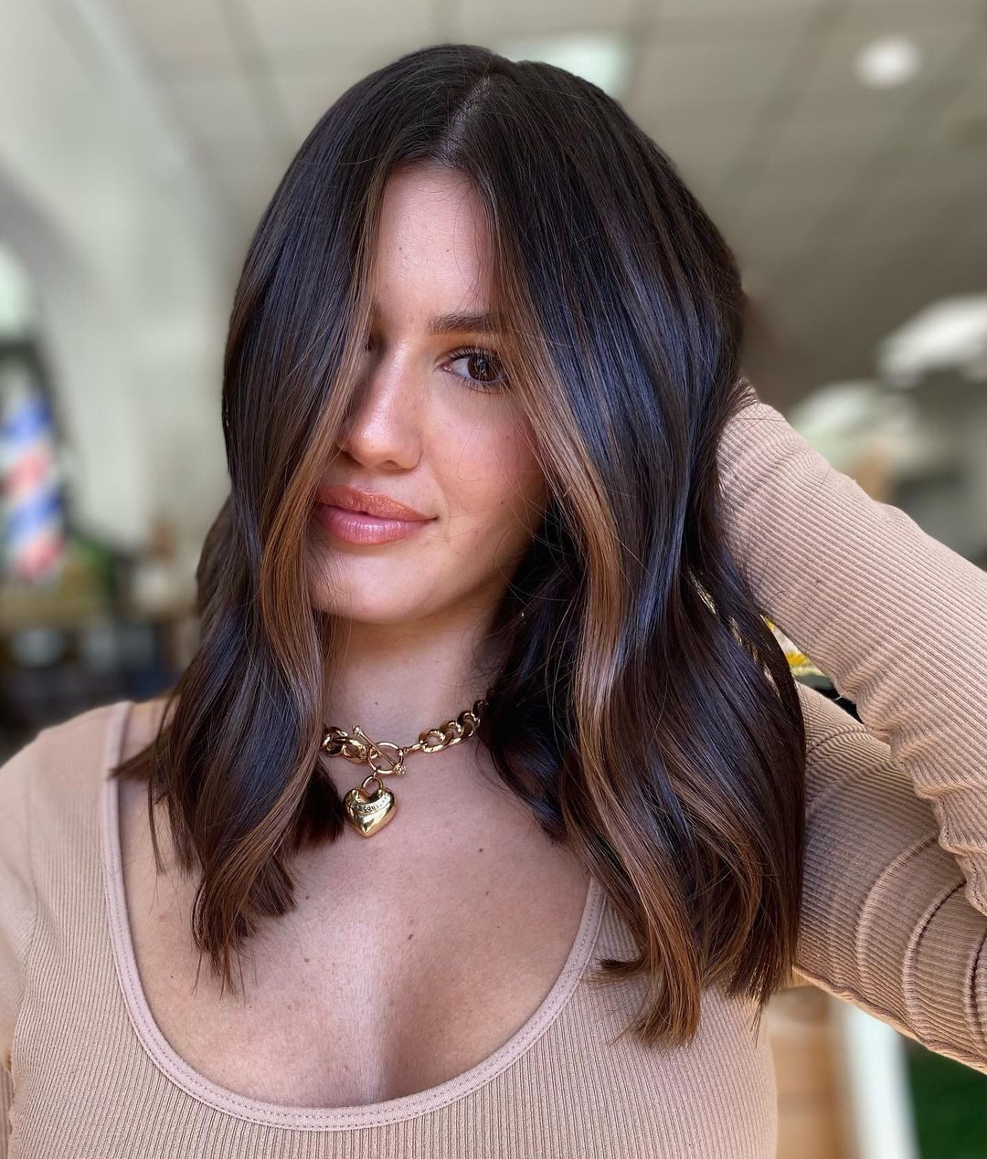 Collarbone Lob With Caramel Balayage Collarbone Lob With Caramel Balayage — Expensive Brunette