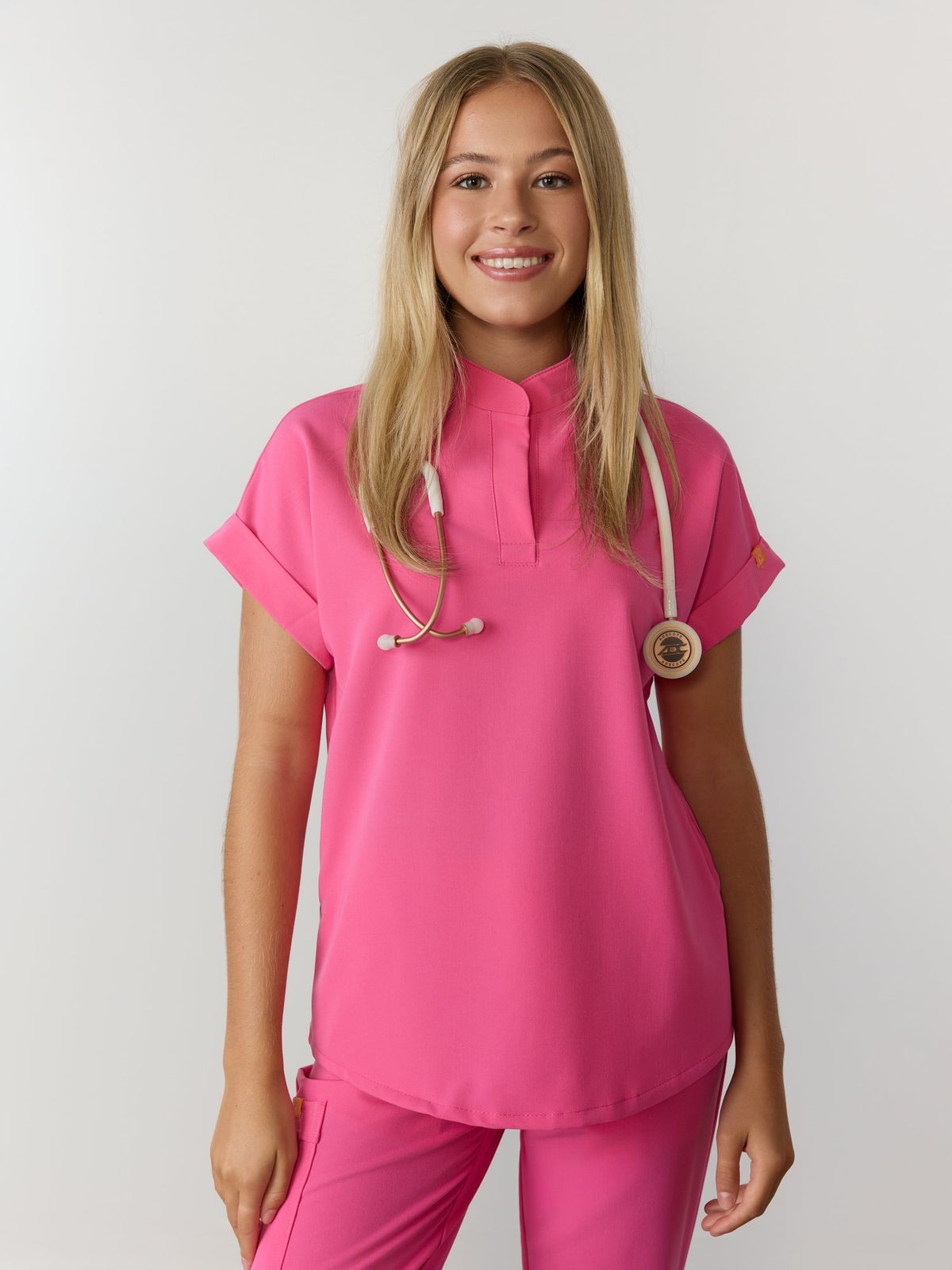 Pink Scrub Set with Unique Collar Detail Pink Scrub Set with Unique Collar Detail — Scrubs Outfits