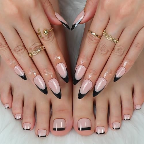Nude Base Black French Tip Almond Set Nude Base Black French Tip Almond Set — Matching Nails and Toes