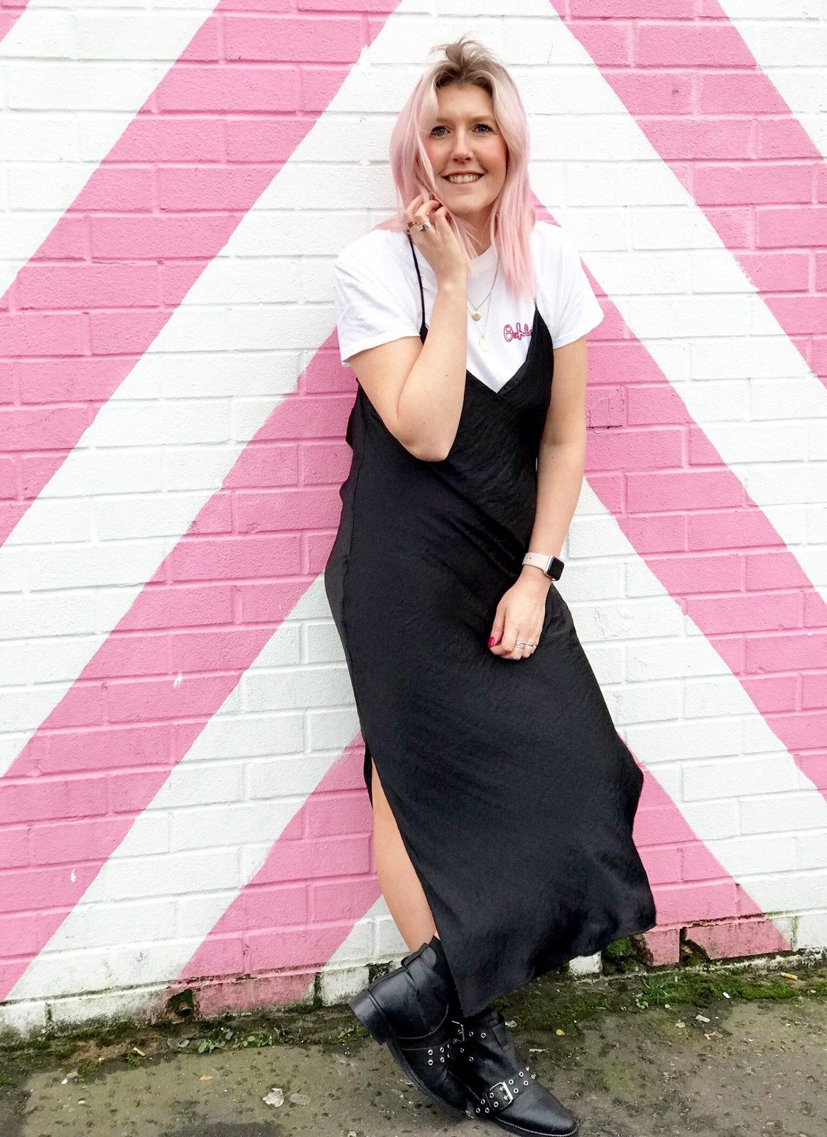 Monochromatic Cool: Black Satin Slip Dress with Buckle Boots Monochromatic Cool: Black Satin Slip Dress with Buckle Boots — Slip Dress Over T Shirt