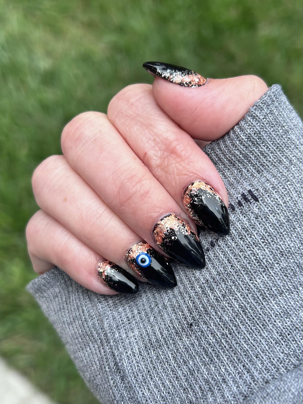 Medium Almond Black Glitter Evil Eye Nails Medium Almond Black Glitter Evil Eye Nails