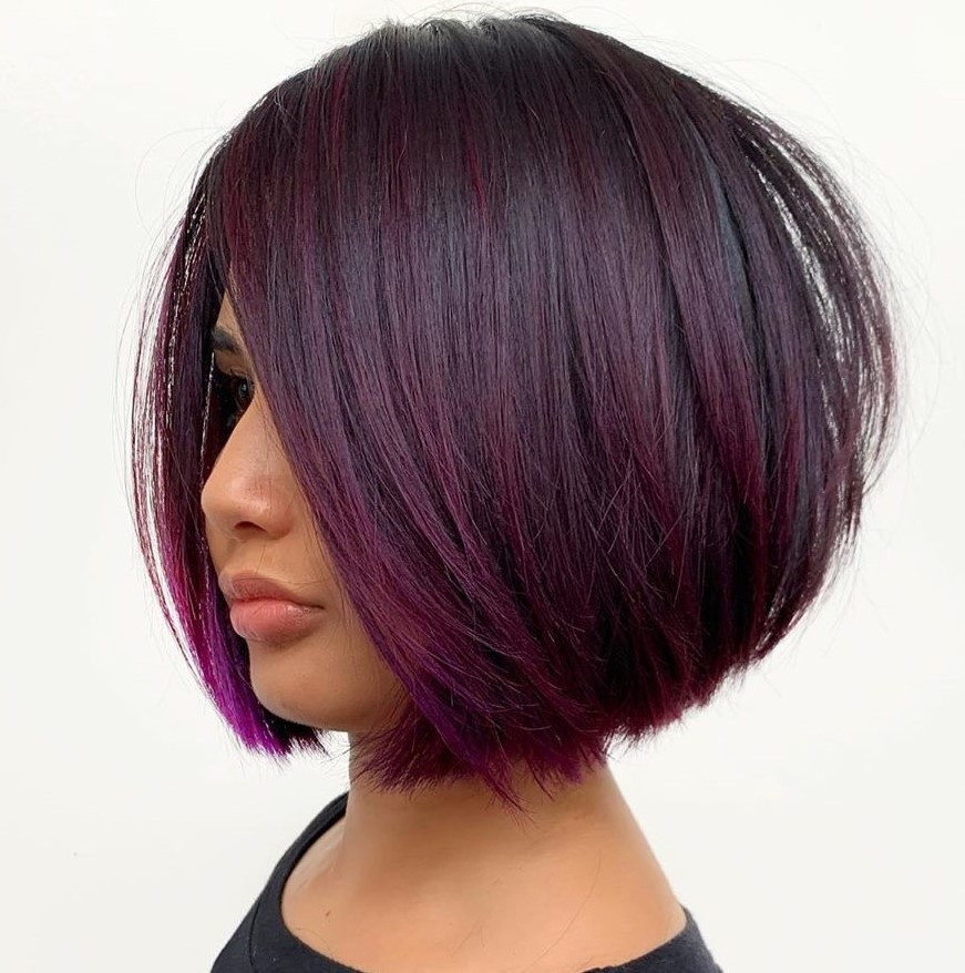 Sharp Bob in Dark Purple with Side Fringe — Dark Purple Hair