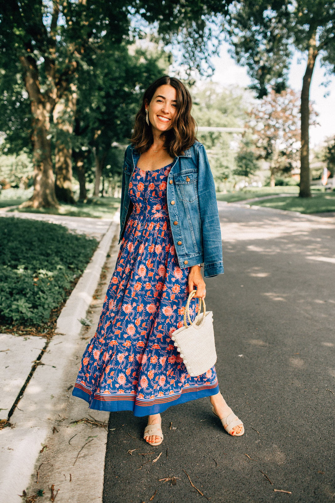 Floral Midi Dress with Denim Jacket and Sandals — Anthropologie Outfits