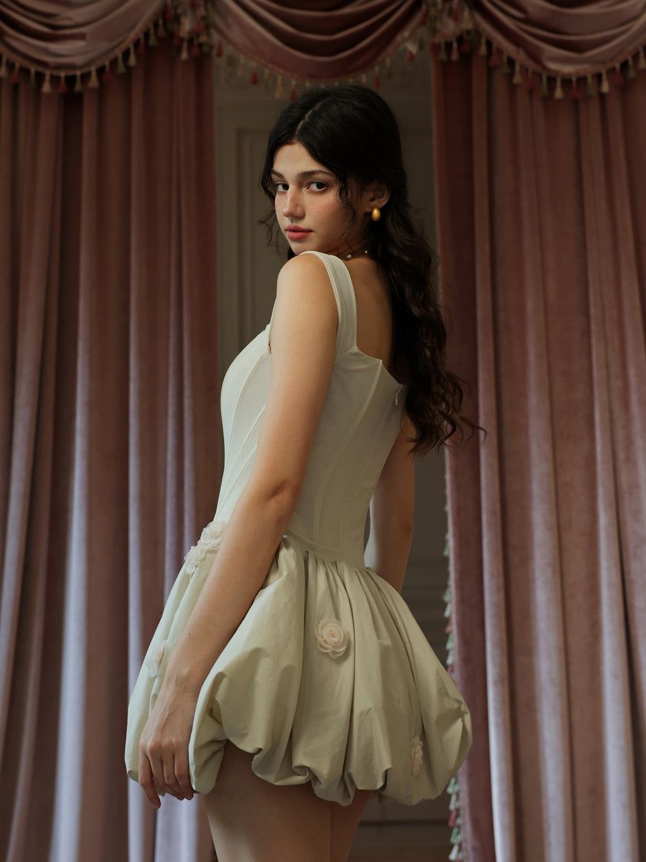 Cream Corset Mini Dress with Floral Bubble Hem and Drop Earrings — Bubble Hem Dresses