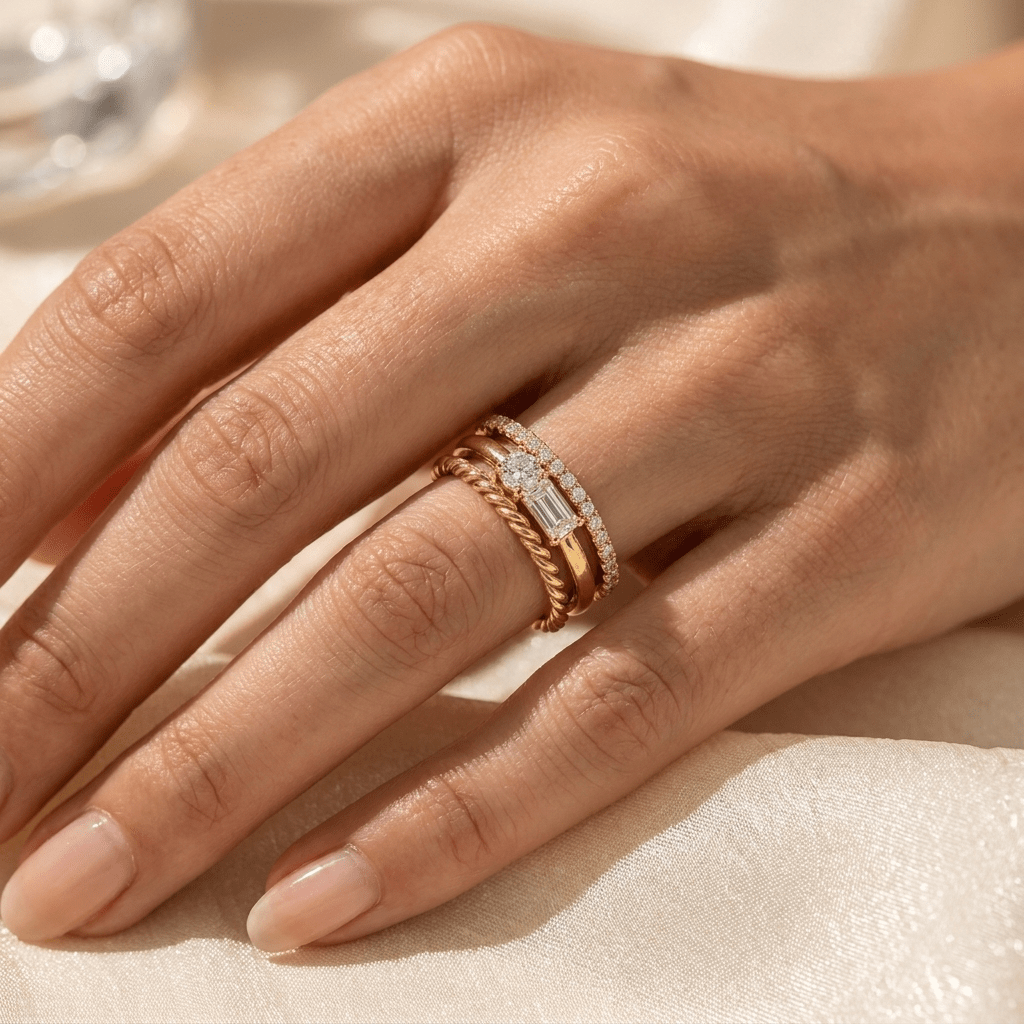 Baguette Diamond Stack with Pavé Band Baguette Diamond Stack with Pavé Band — Stacked Rings