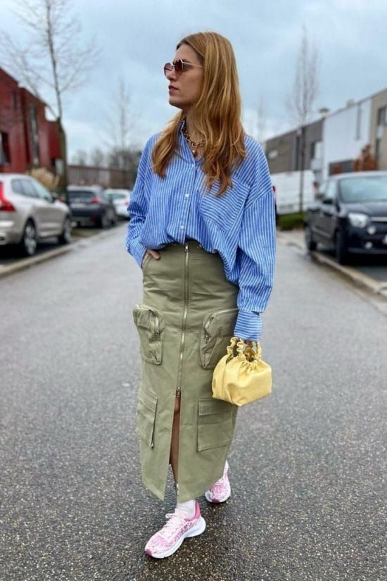 Olive Green Cargo Maxi Skirt with Striped Oversized Shirt — Cargo Skirt Outfits