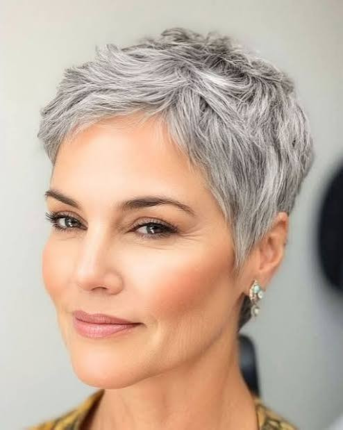 Textured Wavy Gray Pixie With Piecey Bangs Textured Wavy Gray Pixie With Piecey Bangs
