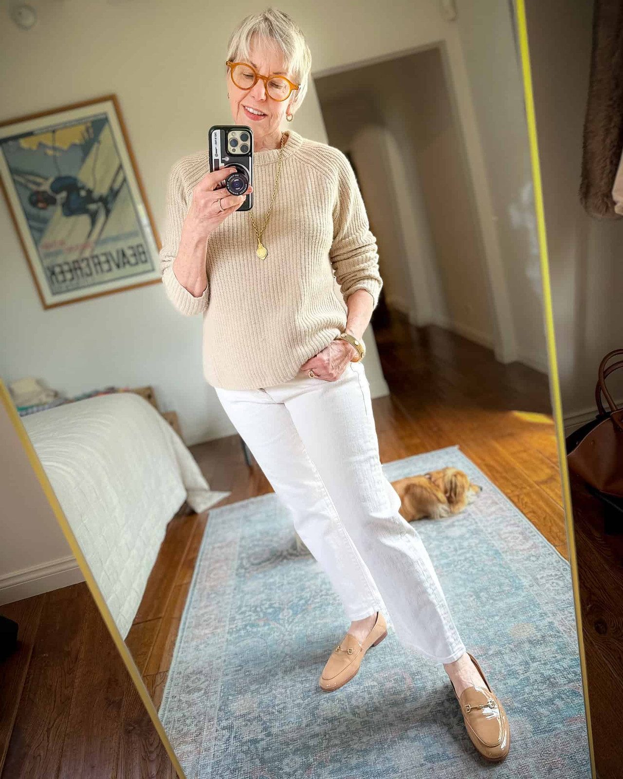 Effortless Comfort: Tan Loafers with White Jeans and a Knit Sweater — Loafers with Jeans Outfits