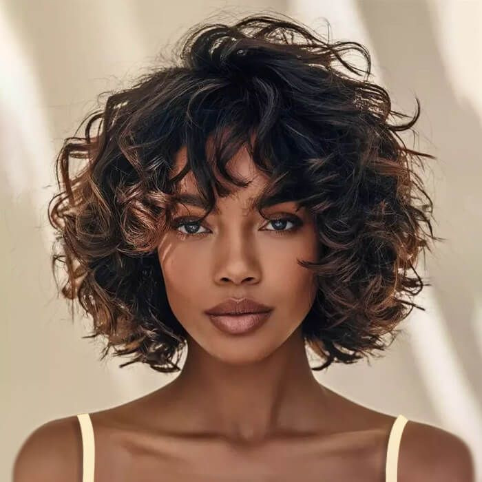 Curly Chin Length Bob With Full Bangs Curly Chin Length Bob With Full Bangs — Dark Brown Highlights
