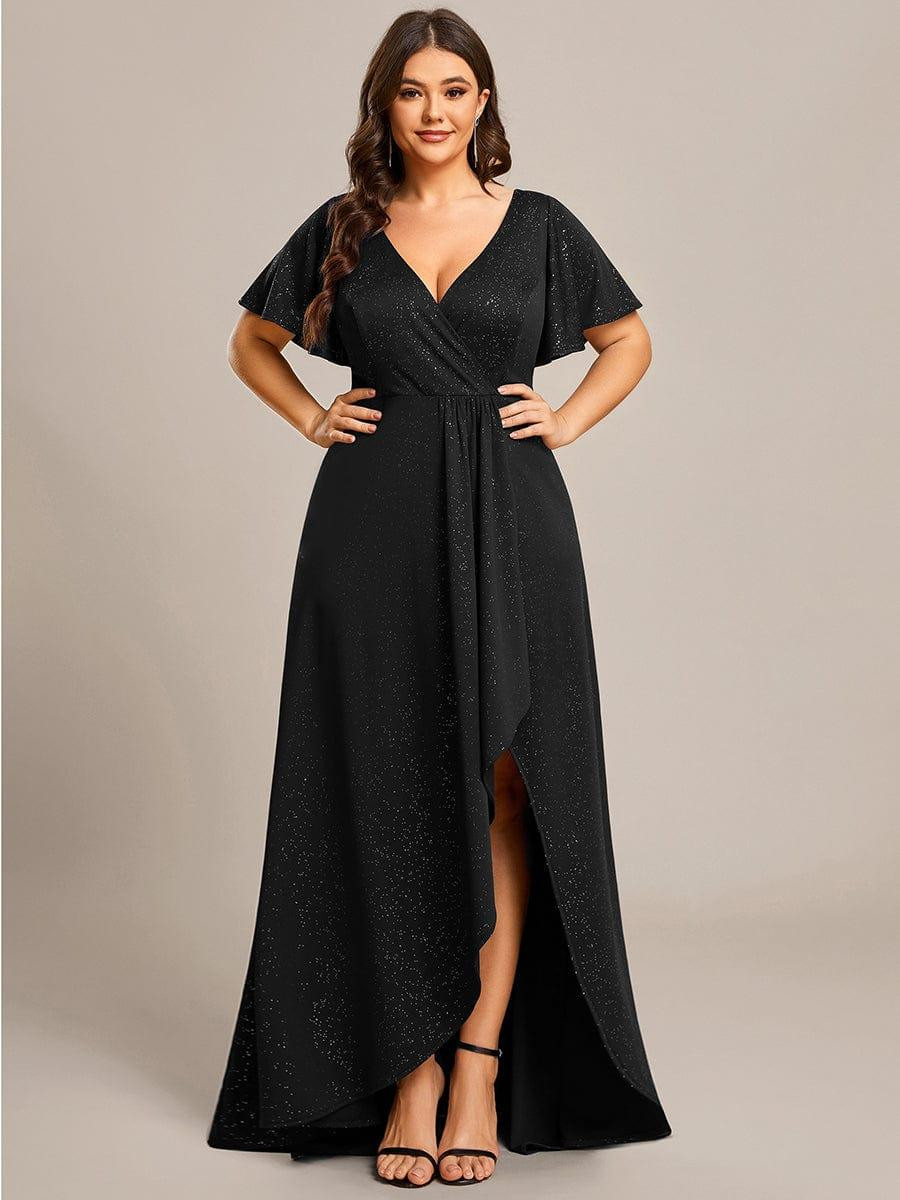 Glittery Wrap Dress with Flutter Sleeves and High Slit — Black Tie Dresses