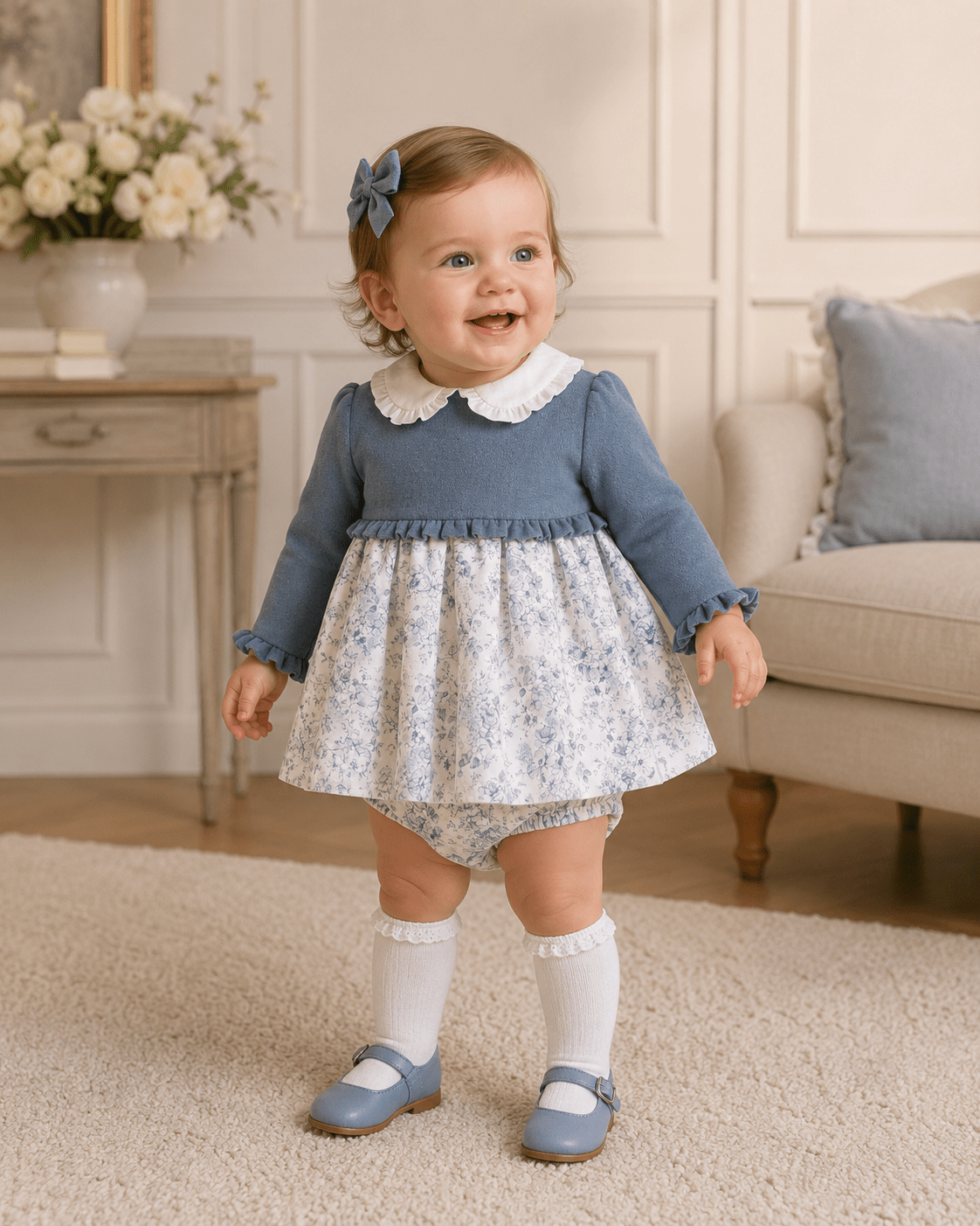 Blue Floral Dress with Peter Pan Collar and Bloomer Shorts Blue Floral Dress with Peter Pan Collar and Bloomer Shorts — Little Girl Outfits