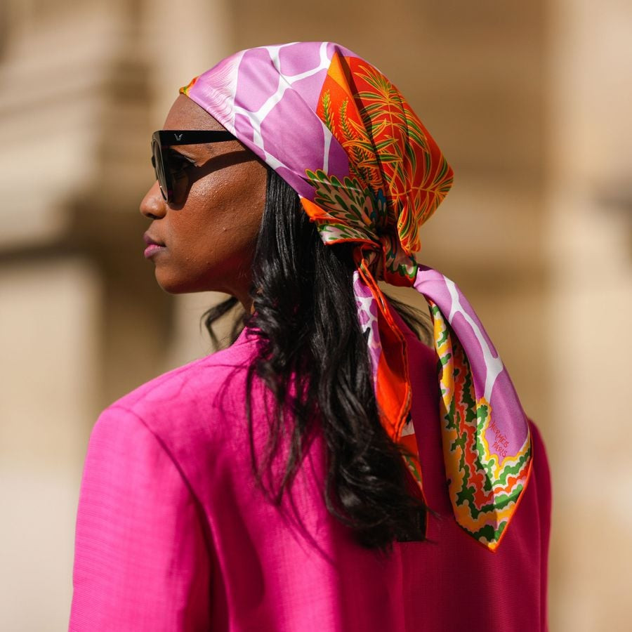 Vibrant Statement: Tropical Headscarf with a Pink Blazer — Headscarf Outfits