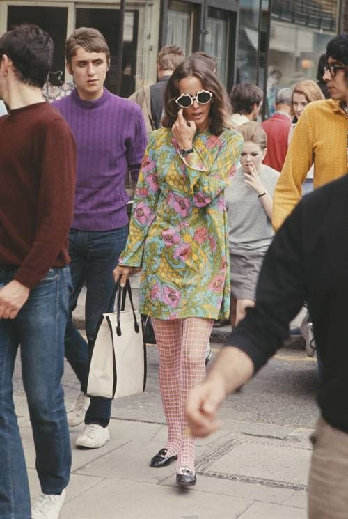 Psychedelic Print Mini Dress with Patterned Tights — Mod Outfits