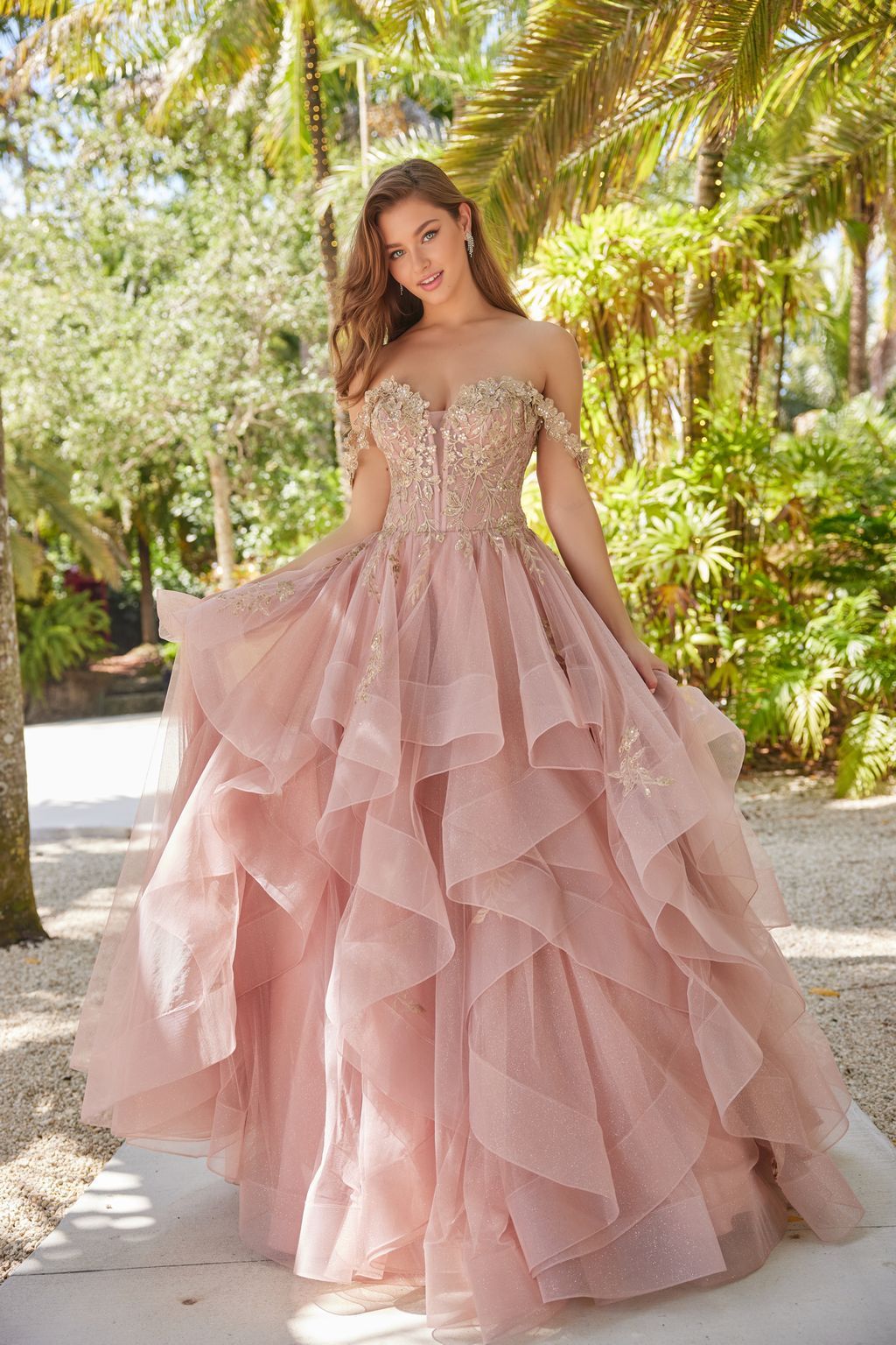 Rose Gold Off-Shoulder Ball Gown with Glitter Tulle Ruffles Rose Gold Off-Shoulder Ball Gown with Glitter Tulle Ruffles — Ball Gowns