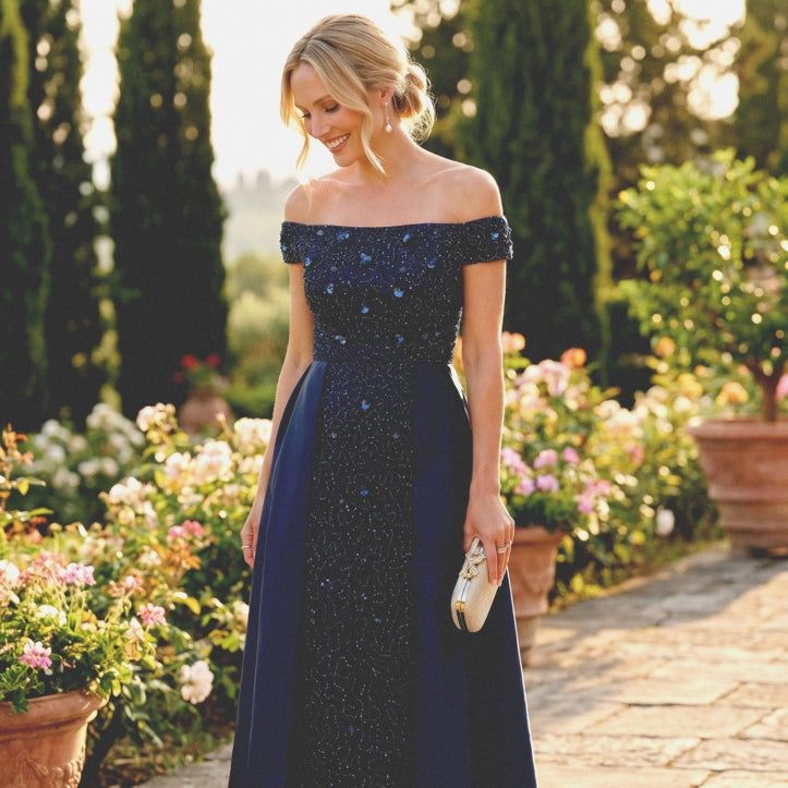 Navy Blue A-Line Gown with Off-the-Shoulder Beaded Bodice Navy Blue A-Line Gown with Off-the-Shoulder Beaded Bodice — Pageant Dresses