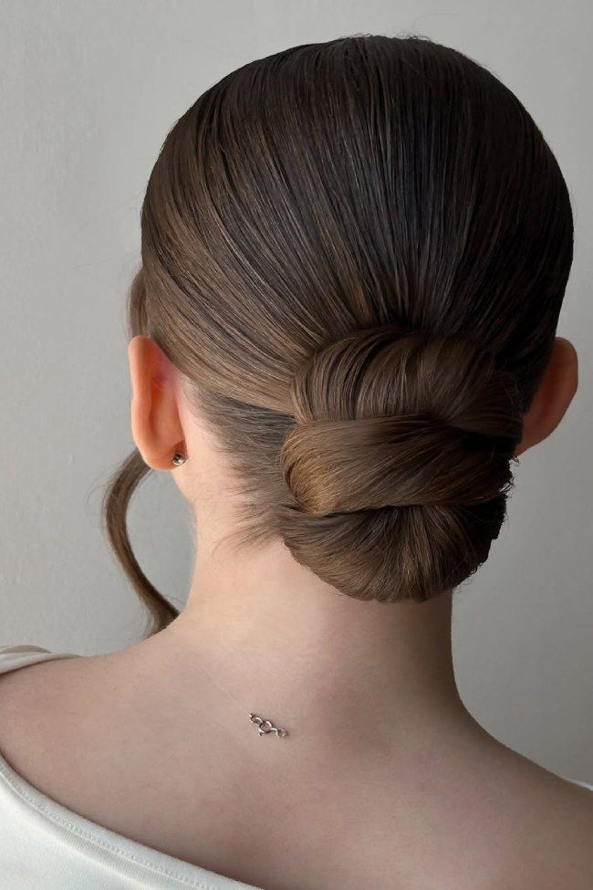 No Bangs Knotted Dark Brown Sleek Low Bun