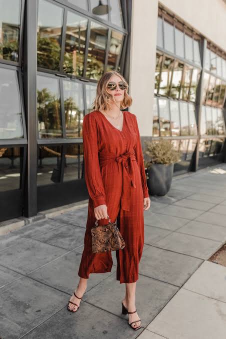 Casual Rust Jumpsuit with Tie Waist Detail Casual Rust Jumpsuit with Tie Waist Detail — Jumpsuits