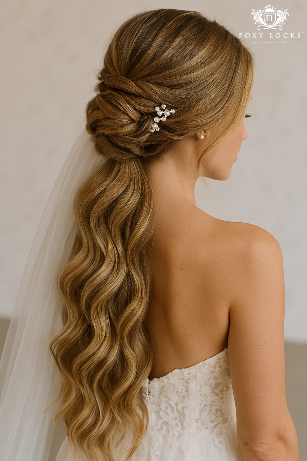 Golden Blonde Low Ponytail with Veil — Wedding Hairstyles for Long Hair