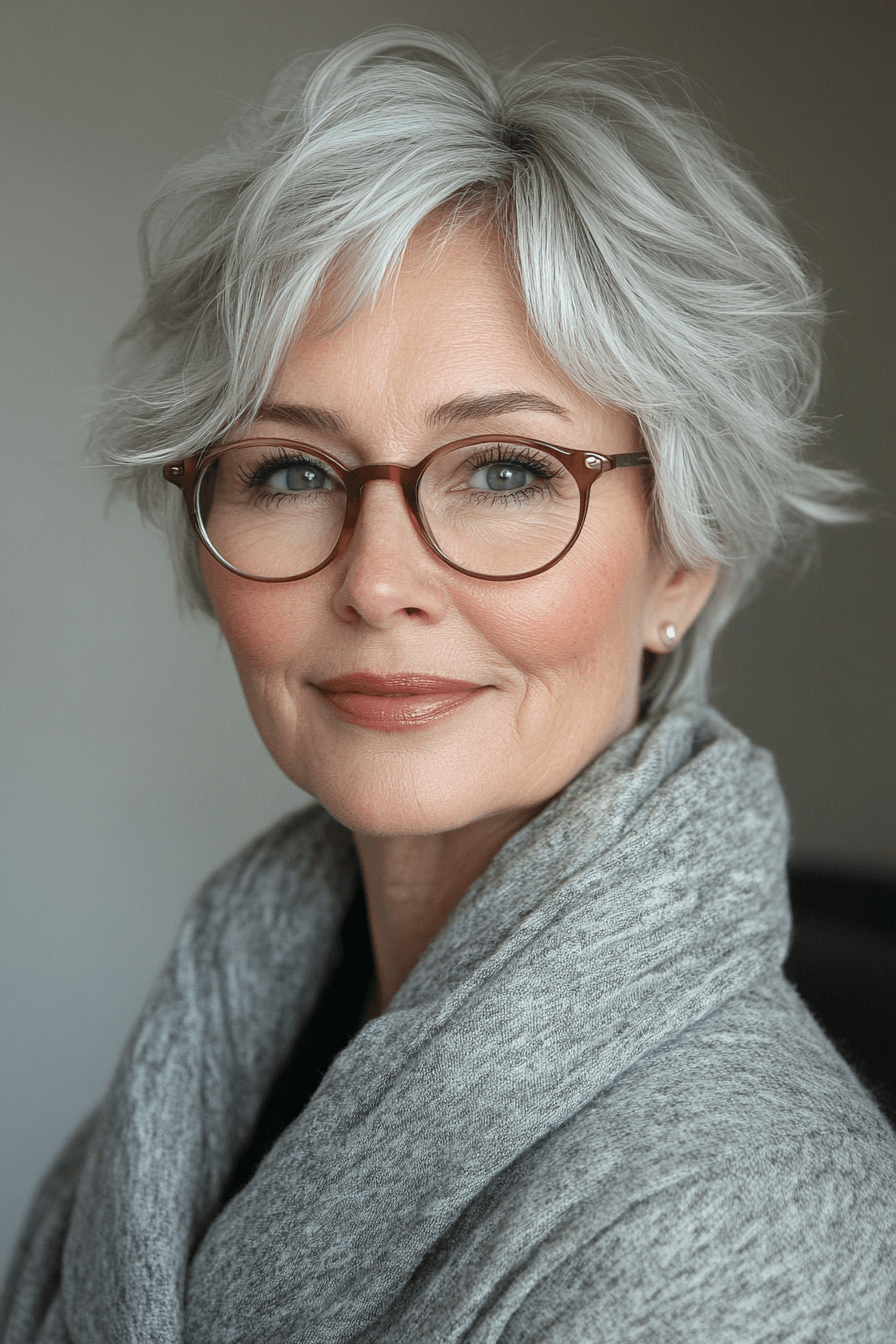 Choppy Silver Grey Shag With Tousled Style — Hairstyles with Glasses