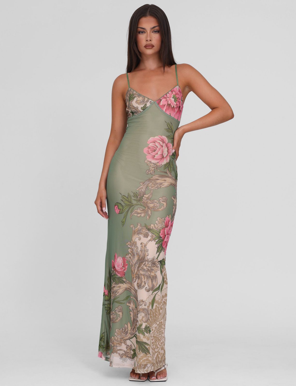 Square-Toe Heeled Sandals Green Sheer Slip Dress with Bold Pink and Beige Floral Print — Floral Dresses