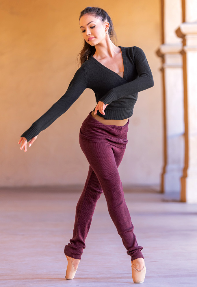 Ribbed Knit Wrap Sweater and Burgundy Leggings Ribbed Knit Wrap Sweater and Burgundy Leggings — Ballet Outfits