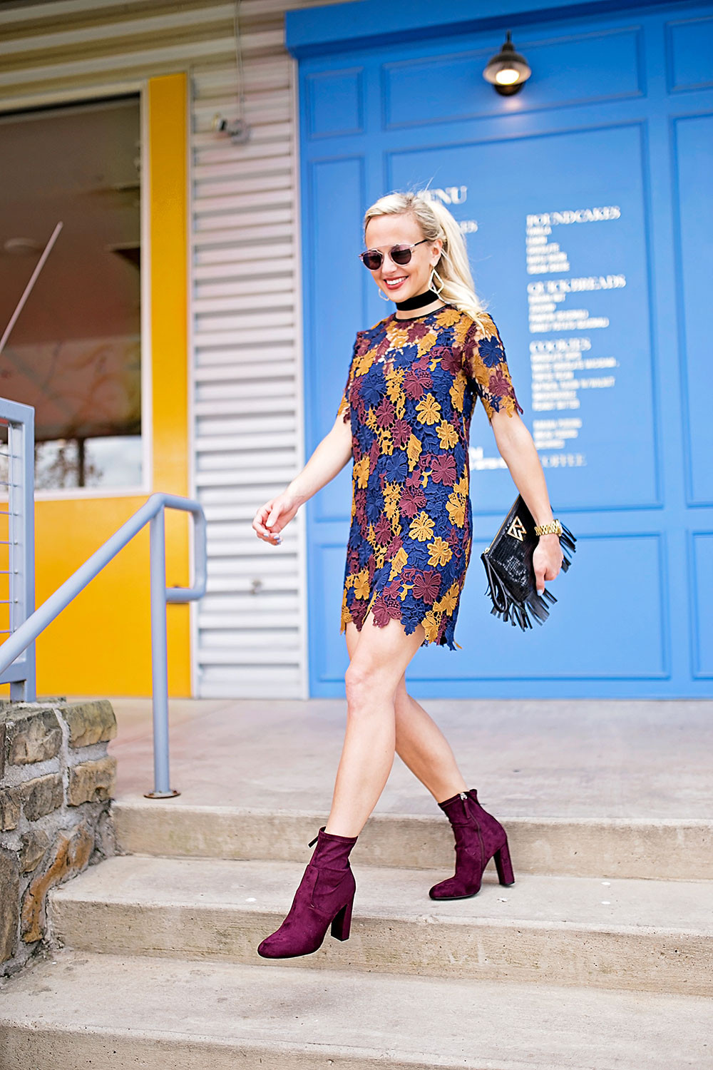 Navy and Mustard Lace Dress with Velvet Boots — Dallas Outfits