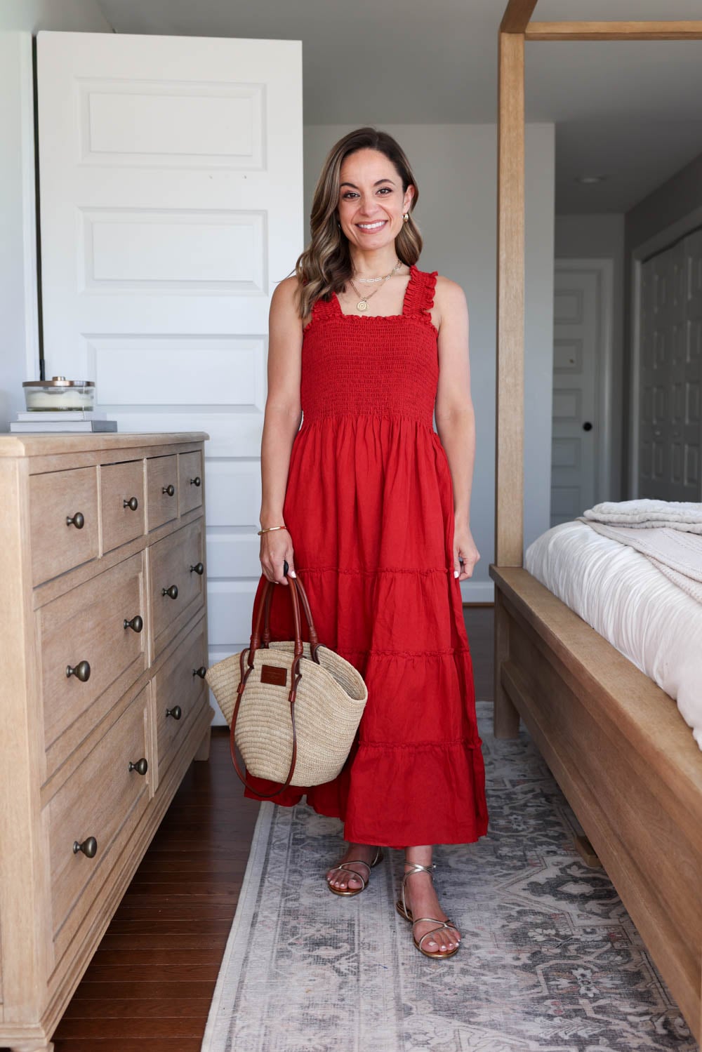 Bright Red Midi Dress with Smocked Bodice and Tiered Skirt Bright Red Midi Dress with Smocked Bodice and Tiered Skirt — Red Dresses