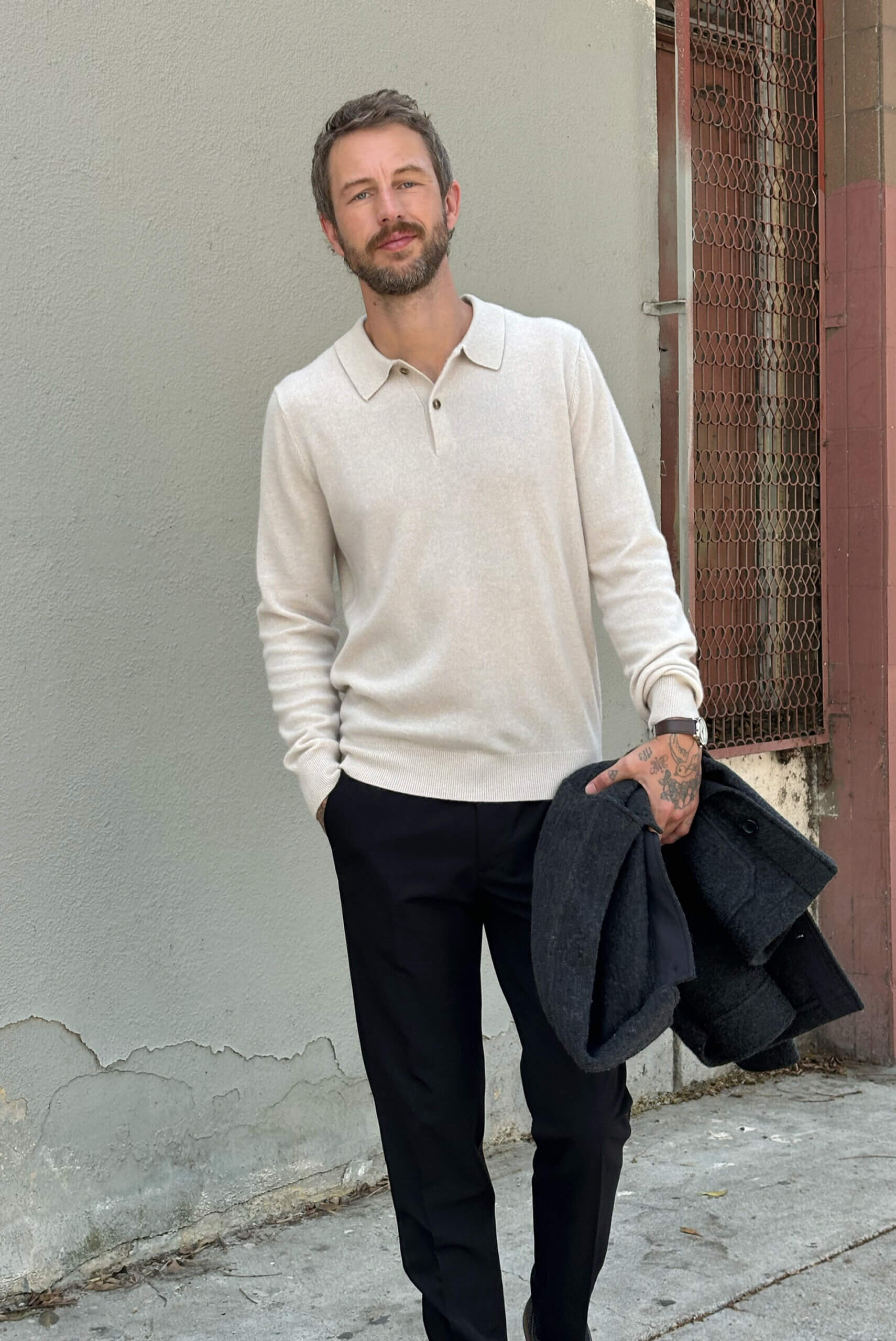 Cream Knit Polo with Charcoal Jacket Cream Knit Polo with Charcoal Jacket — Outfits for Men
