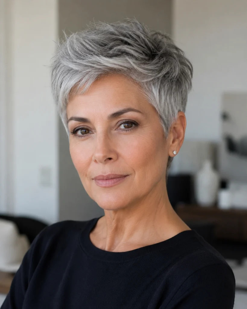 Textured Silver Grey Pixie Cut Textured Silver Grey Pixie Cut — Hair Color for Older Women