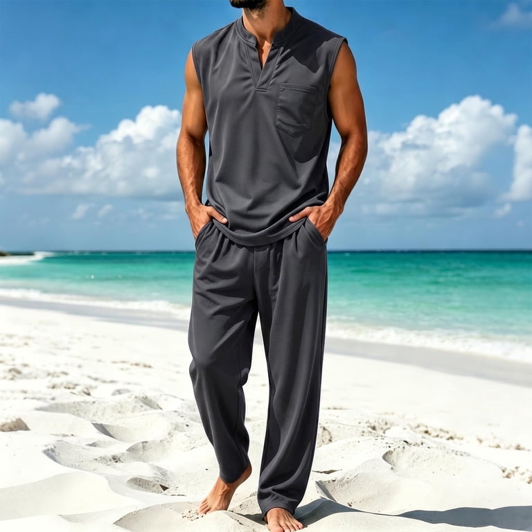 Sleeveless Henley and Loose Pants for Ultimate Beach Comfort Sleeveless Henley and Loose Pants for Ultimate Beach Comfort — Mens Vacation Outfits