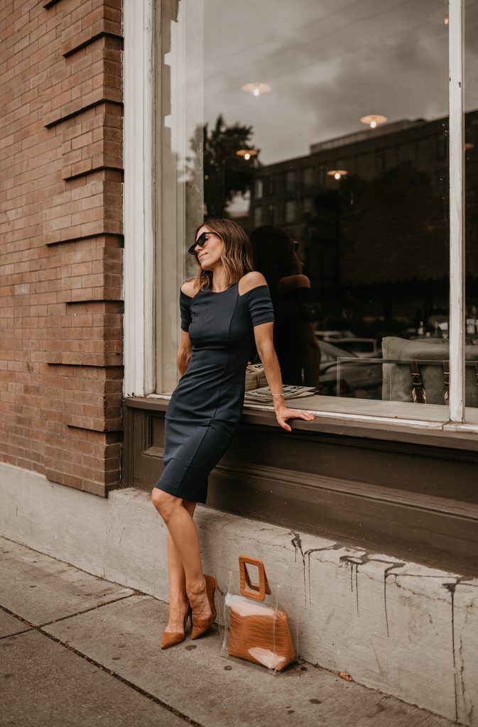 Navy Cold-Shoulder Sheath Dress for Work or Evening Navy Cold-Shoulder Sheath Dress for Work or Evening — Seattle Outfits