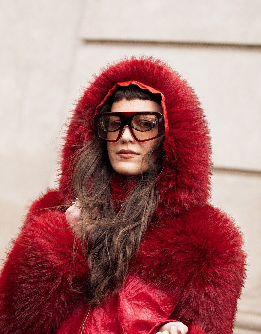 Bold Winter Style: Red Puffer Jacket and Oversized Shield Sunglasses — Oversized Sunglasses Outfits