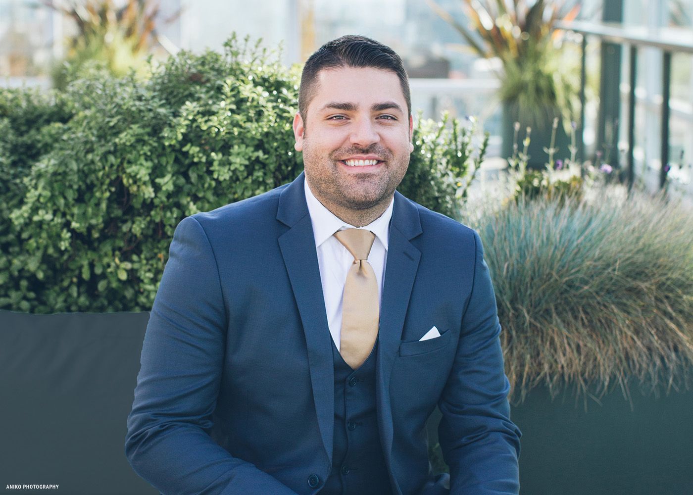 Classic Navy Three-Piece Suit with Gold Tie — Mens Wedding Guest Outfits