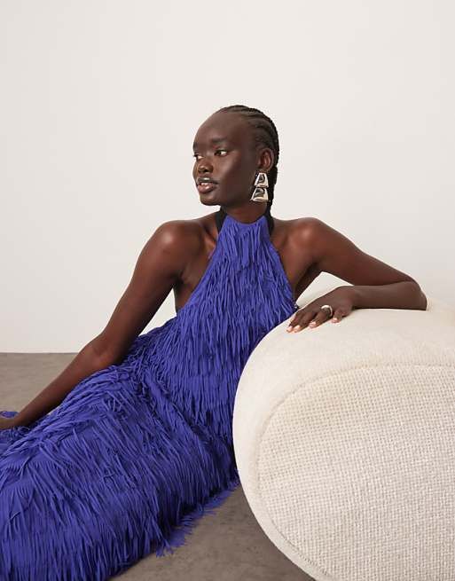 ARRANGE fringe texture halter neck scoop back maxi dress in blue | ASOS