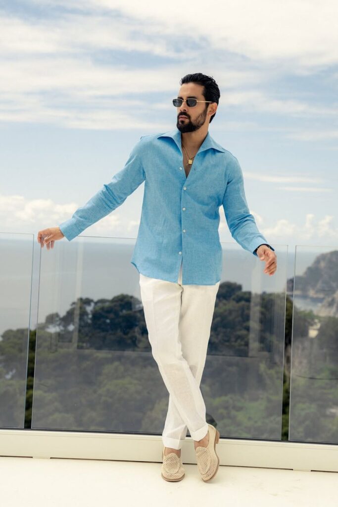 Effortless Vacation Style: Blue Linen Shirt and White Trousers Effortless Vacation Style: Blue Linen Shirt and White Trousers — Outfits for Men Over 40