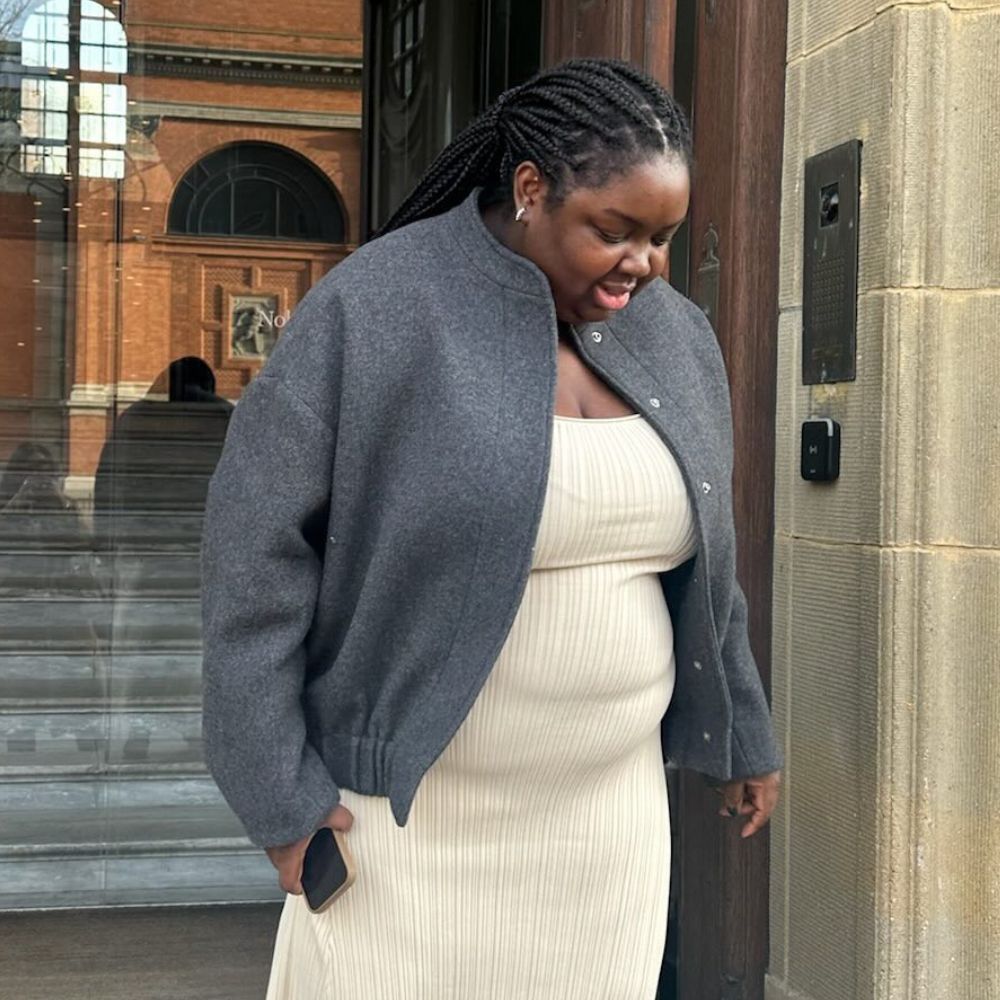 Grey Bomber Jacket over Ribbed Cream Dress — Bomber Jacket Outfits