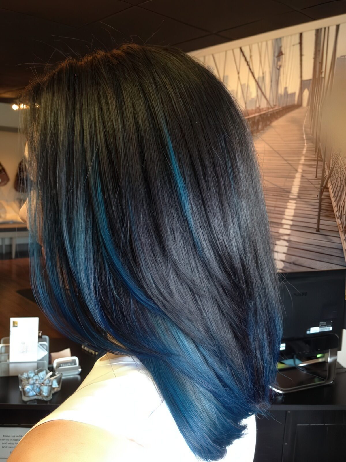 Visual Idea — The Parting Is In The Middle Visual Idea — The Parting Is In The Middle — Blue Highlights on Black Hair