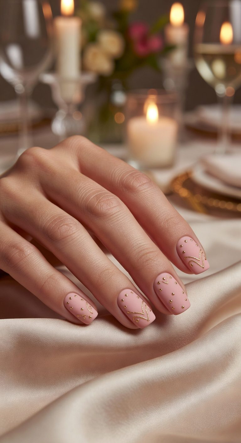 Matte Gold Dot Line Art Nails — Anniversary Nails