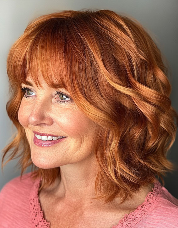 Warm Copper Lob With Soft Waves Warm Copper Lob With Soft Waves — Red Hair Over 50
