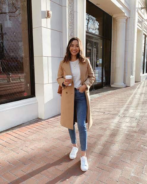 Classic Camel Coat, Jeans, and White Sneakers — White Sneakers Outfits