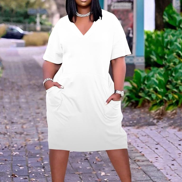 Simple White V-Neck Midi Dress with Pockets Simple White V-Neck Midi Dress with Pockets — Dresses for Women Over 60