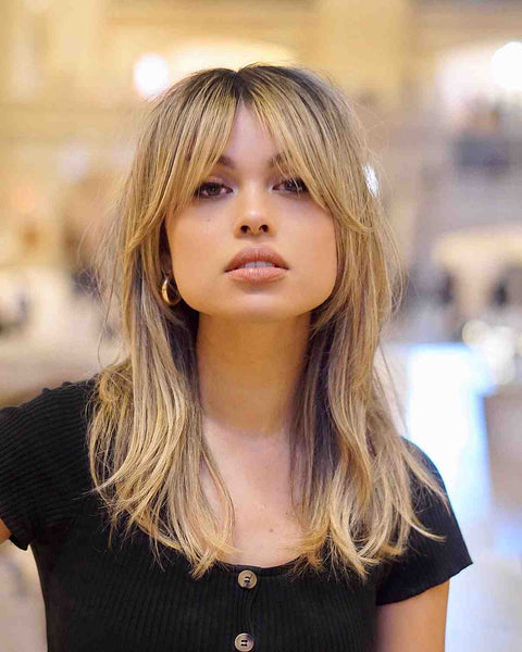 Blonde Curtain Bangs with Ribbed Button-Up and Hoops Blonde Curtain Bangs with Ribbed Button-Up and Hoops