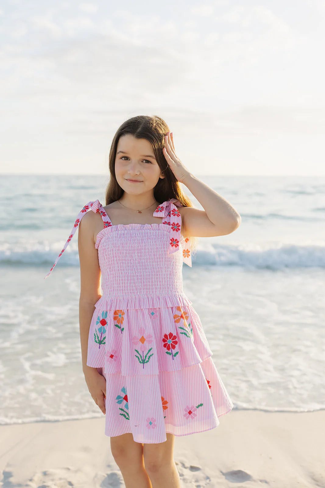 Striped Smocked Dress with Tiered Skirt and Floral Embroidery — Tween Dresses