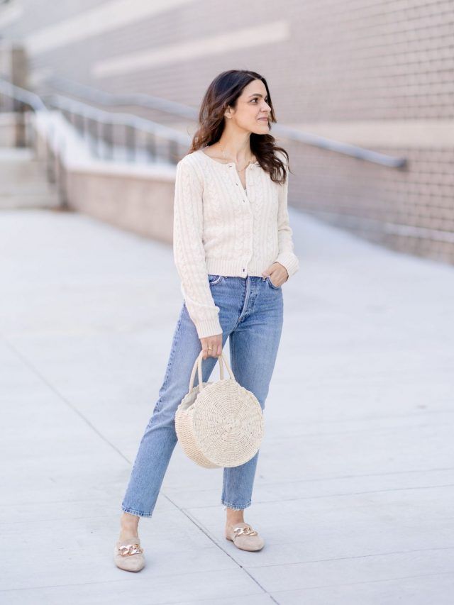 Classic Casual: Straight Leg Jeans with a Cable-Knit Cardigan — Light Wash Jeans Outfits