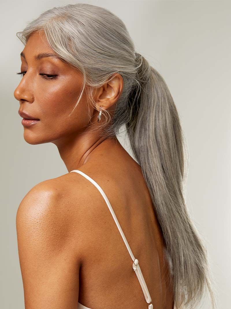 Sleek Gray Ponytail With Face-Framing Wisps — Ponytail with Extensions